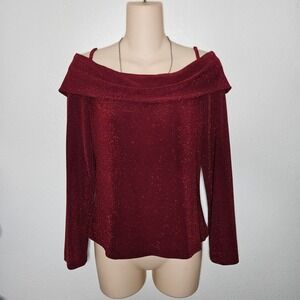 XSCAPE by Joanna Chen Red Metallic Sparkle Off Shoulder‎ Cowl Neck Top